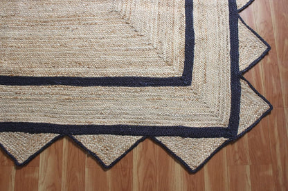 Handmade Natural Black Geometric Scalloped Jute Rug Rectangle Braided Area Rug
