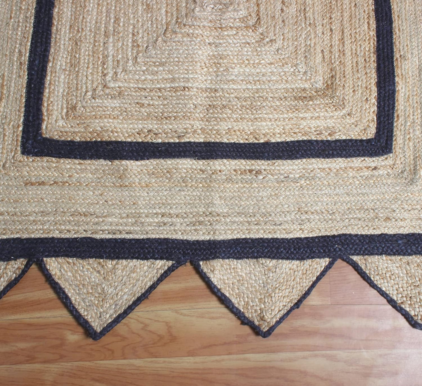 Handmade Natural Black Geometric Scalloped Jute Rug Rectangle Braided Area Rug