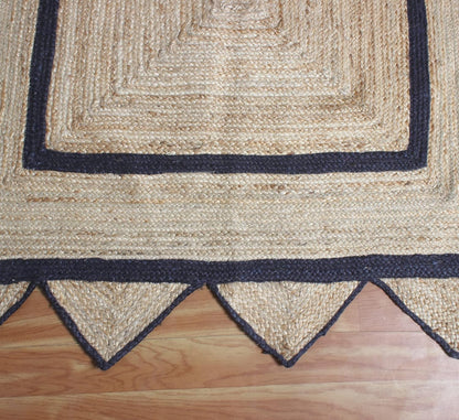 Handmade Natural Black Geometric Scalloped Jute Rug Rectangle Braided Area Rug