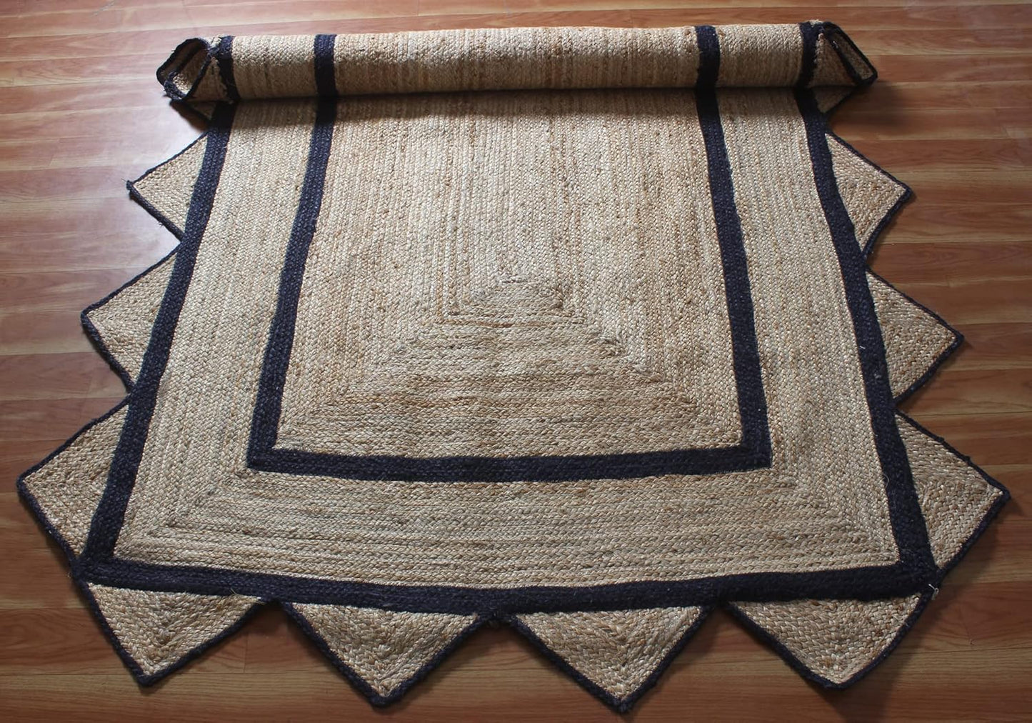 Handmade Natural Black Geometric Scalloped Jute Rug Rectangle Braided Area Rug