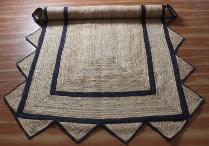 Handmade Natural Black Geometric Scalloped Jute Rug Rectangle Braided Area Rug