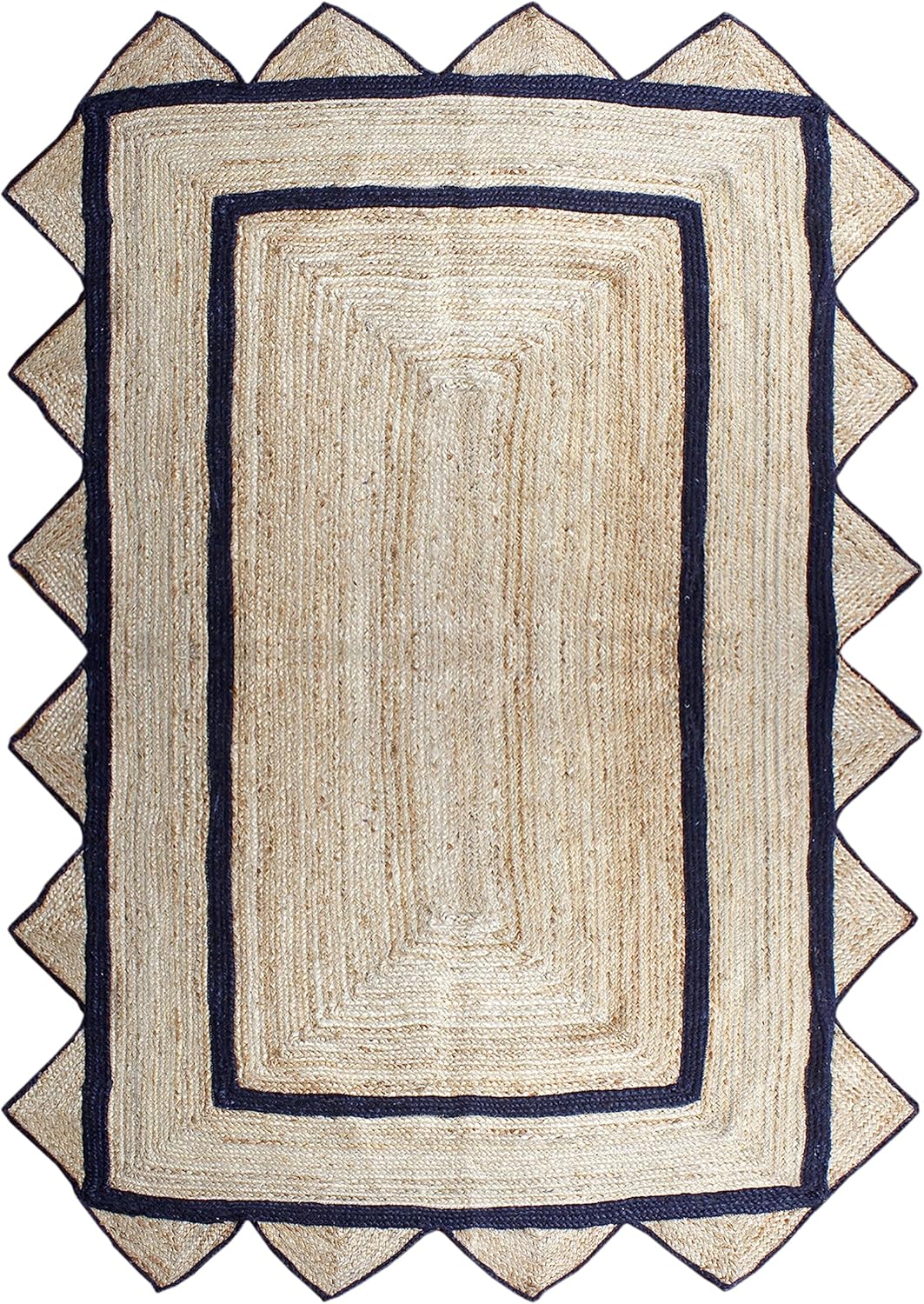 Handmade Natural Black Geometric Scalloped Jute Rug Rectangle Braided Area Rug