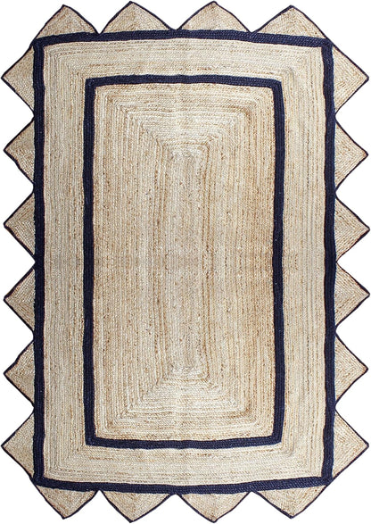 Handmade Natural Black Geometric Scalloped Jute Rug Rectangle Braided Area Rug