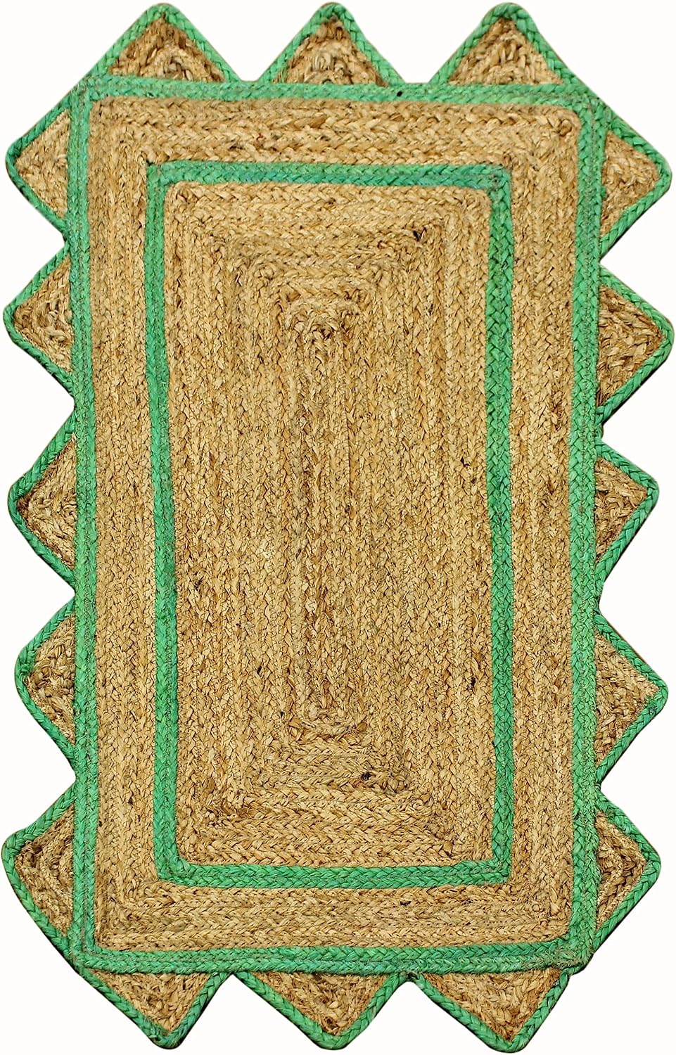 Handmade Natural and Green Scalloped Rectangle Jute Rug Braided Area Rug