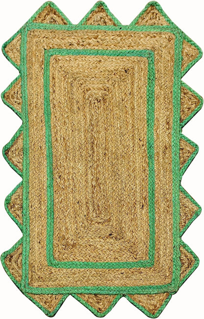 Handmade Natural and Green Scalloped Rectangle Jute Rug Braided Area Rug