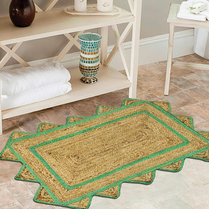 Handmade Natural and Green Scalloped Rectangle Jute Rug Braided Area Rug