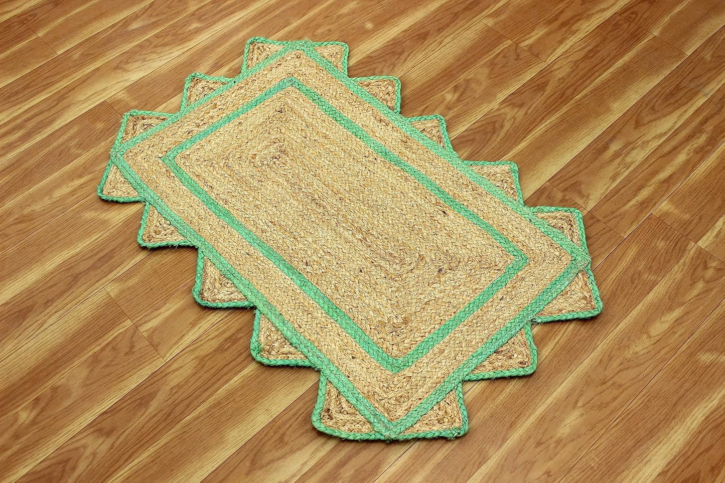 Handmade Natural and Green Scalloped Rectangle Jute Rug Braided Area Rug