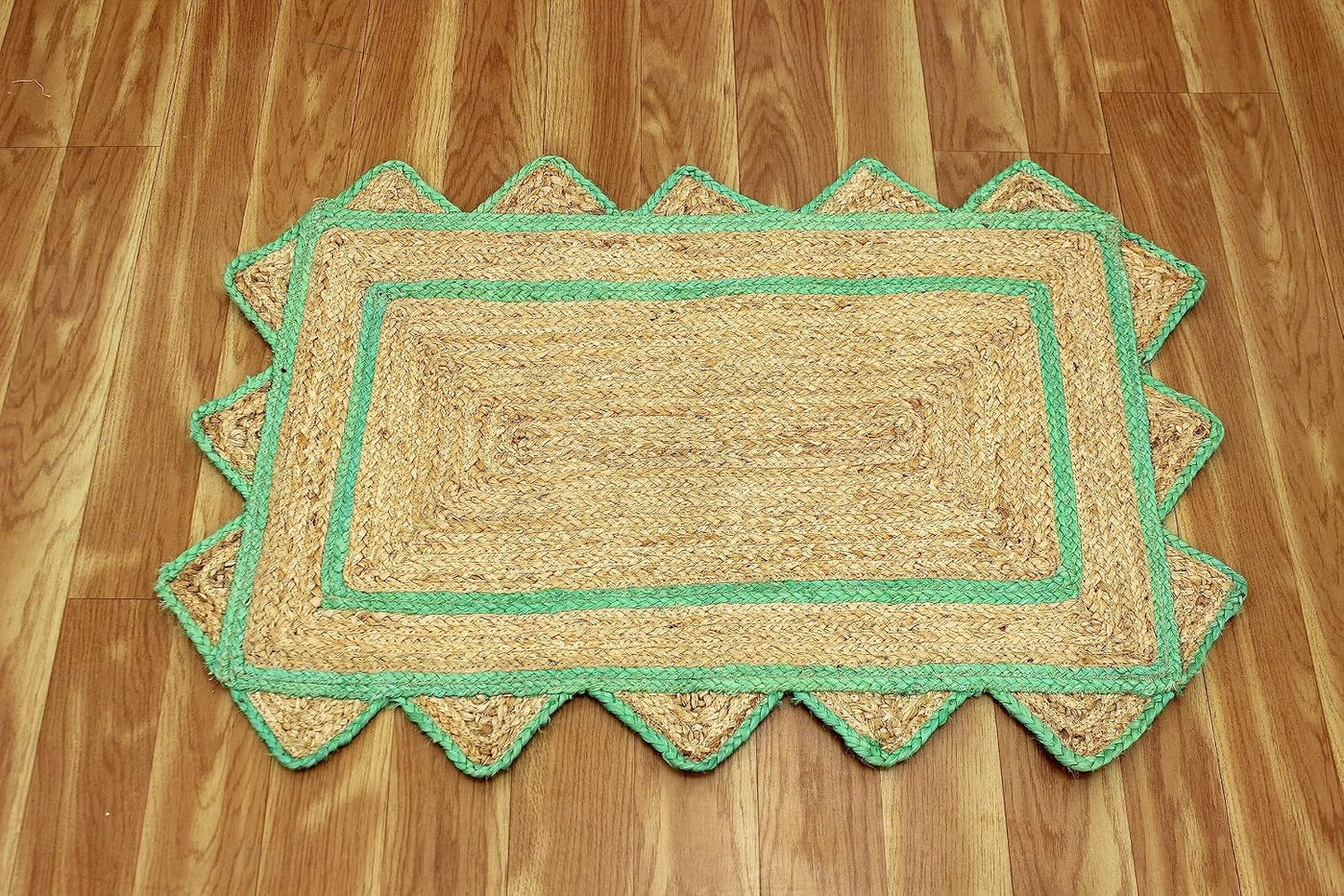 Handmade Natural and Green Scalloped Rectangle Jute Rug Braided Area Rug