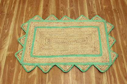 Handmade Natural and Green Scalloped Rectangle Jute Rug Braided Area Rug