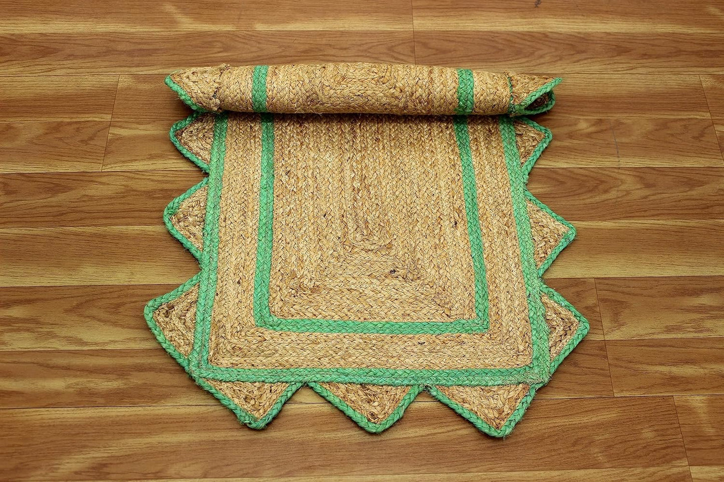 Handmade Natural and Green Scalloped Rectangle Jute Rug Braided Area Rug