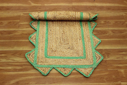 Handmade Natural and Green Scalloped Rectangle Jute Rug Braided Area Rug