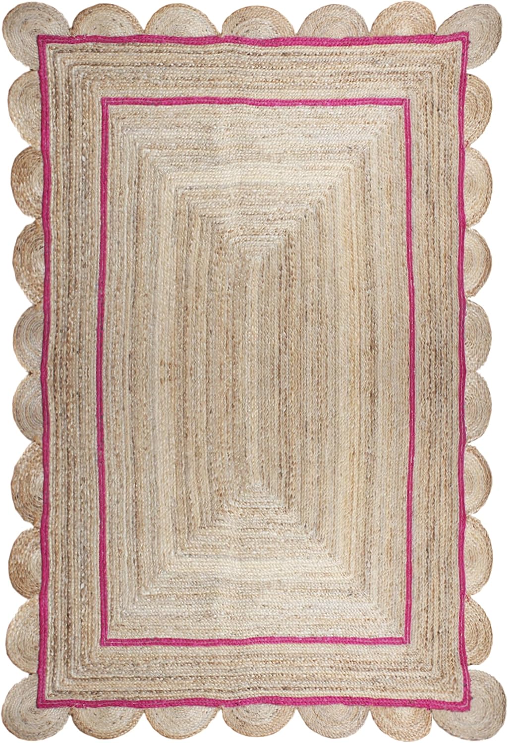 Handmade Natural and Pink Scalloped Rectangle Jute Rug Braided Area Rug Farmhouse Boho Living Room Bedroom Entryway