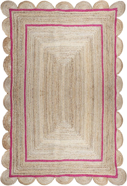 Handmade Natural and Pink Scalloped Rectangle Jute Rug Braided Area Rug Farmhouse Boho Living Room Bedroom Entryway