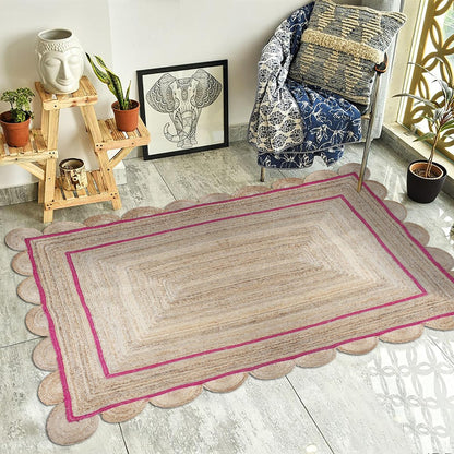Handmade Natural and Pink Scalloped Rectangle Jute Rug Braided Area Rug Farmhouse Boho Living Room Bedroom Entryway