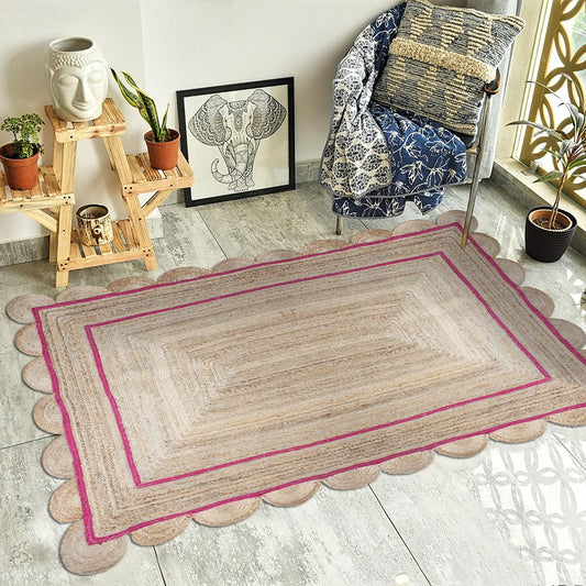 Handmade Natural and Pink Scalloped Rectangle Jute Rug Braided Area Rug Farmhouse Boho Living Room Bedroom Entryway