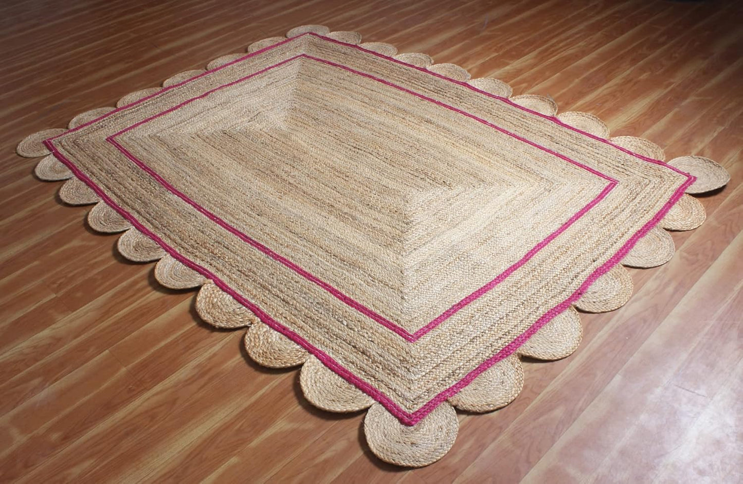 Handmade Natural and Pink Scalloped Rectangle Jute Rug Braided Area Rug Farmhouse Boho Living Room Bedroom Entryway
