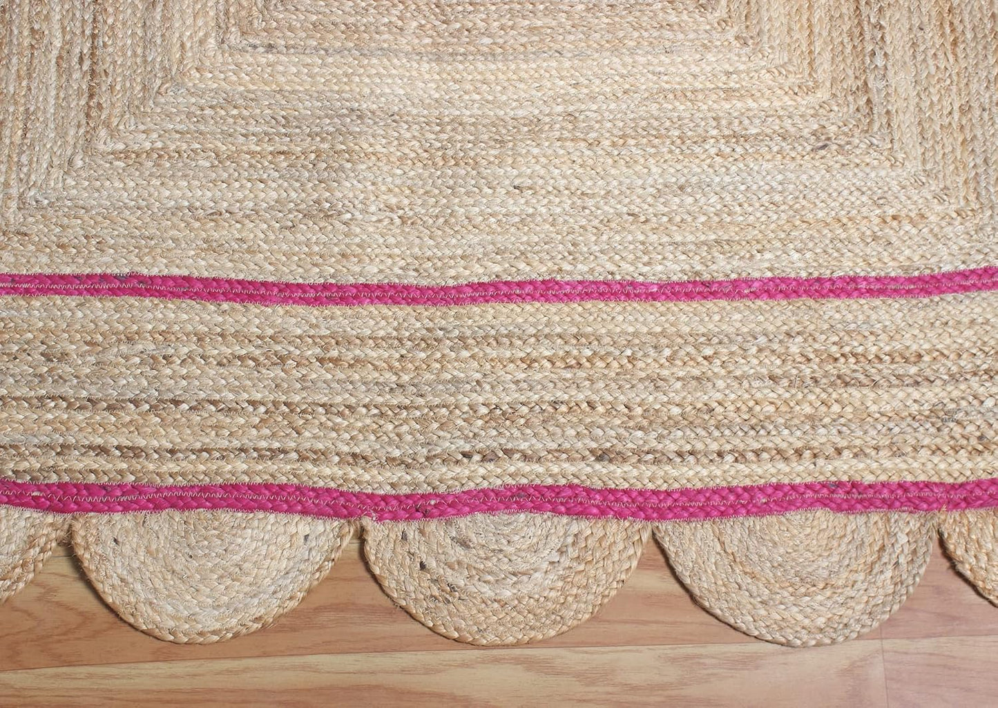 Handmade Natural and Pink Scalloped Rectangle Jute Rug Braided Area Rug Farmhouse Boho Living Room Bedroom Entryway