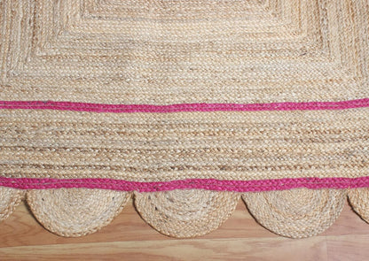 Handmade Natural and Pink Scalloped Rectangle Jute Rug Braided Area Rug Farmhouse Boho Living Room Bedroom Entryway