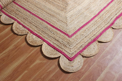 Handmade Natural and Pink Scalloped Rectangle Jute Rug Braided Area Rug Farmhouse Boho Living Room Bedroom Entryway