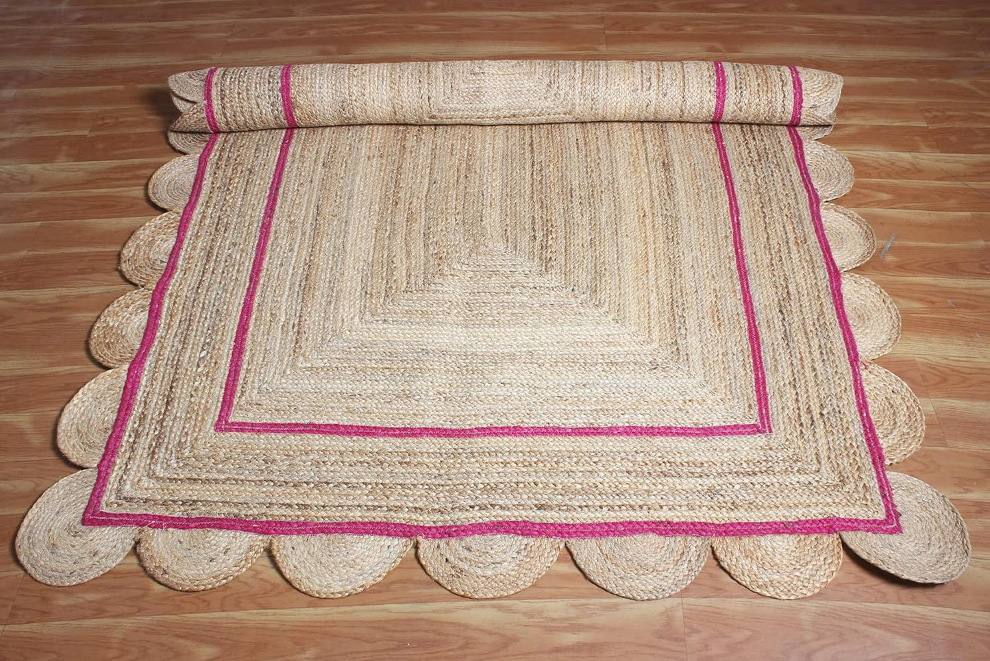 Handmade Natural and Pink Scalloped Rectangle Jute Rug Braided Area Rug Farmhouse Boho Living Room Bedroom Entryway