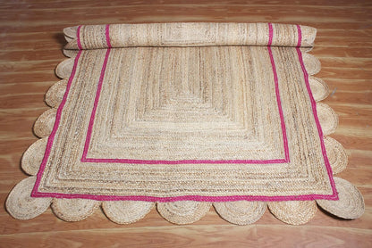 Handmade Natural and Pink Scalloped Rectangle Jute Rug Braided Area Rug Farmhouse Boho Living Room Bedroom Entryway