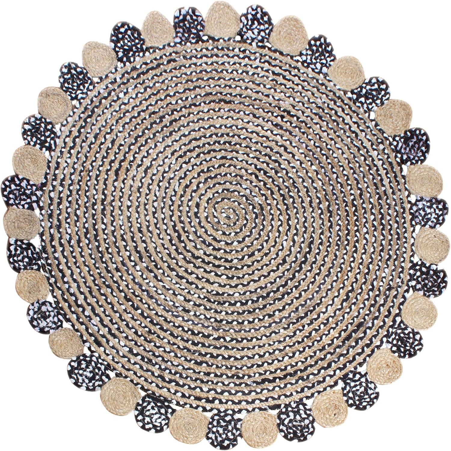 Round woven rug with pom-pom trim on a white background