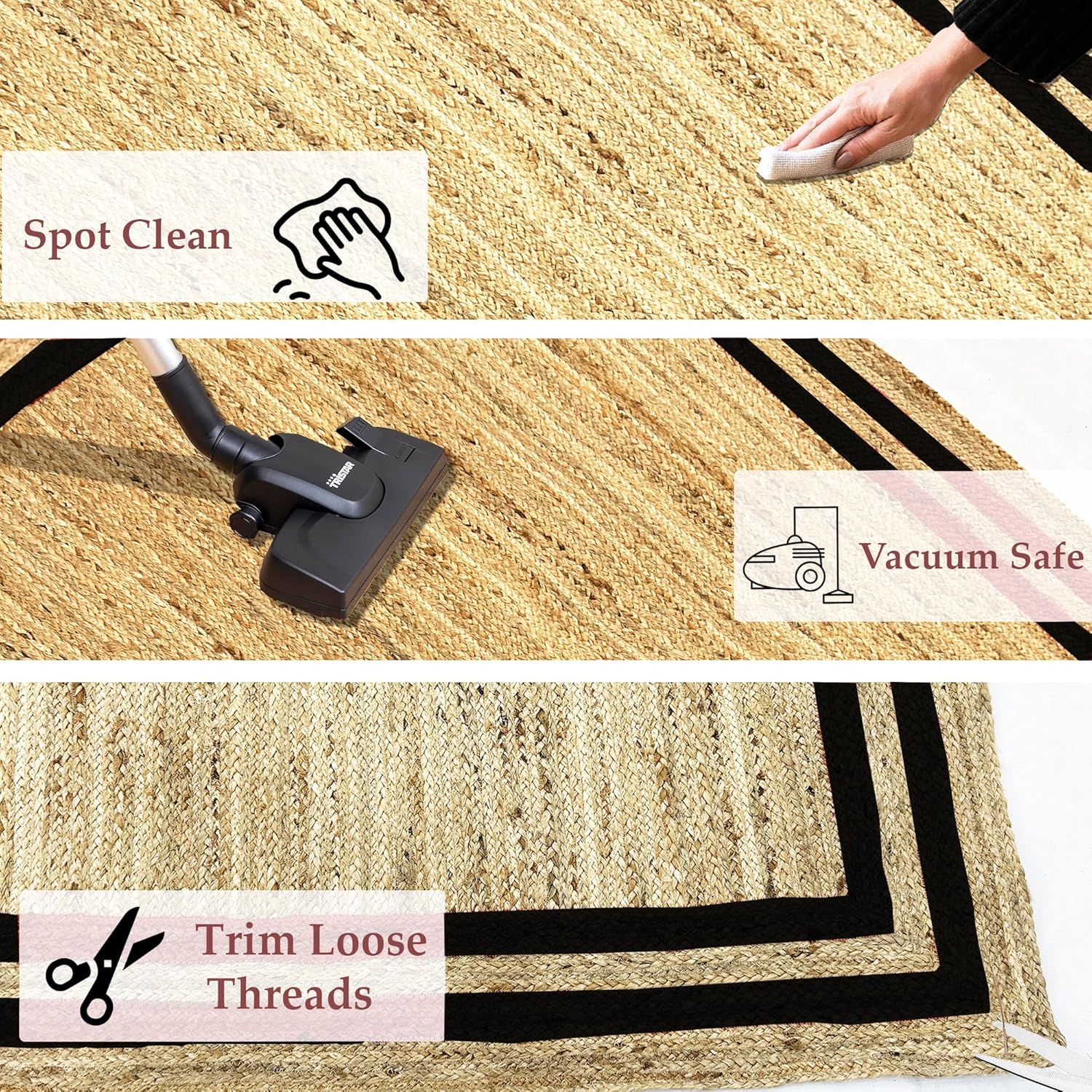 Natural Jute Area Rug with black border, vacuum safe and easy to spot clean for home use.
