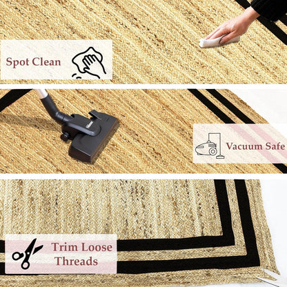 Natural Jute Area Rug with black border, vacuum safe and easy to spot clean for home use.