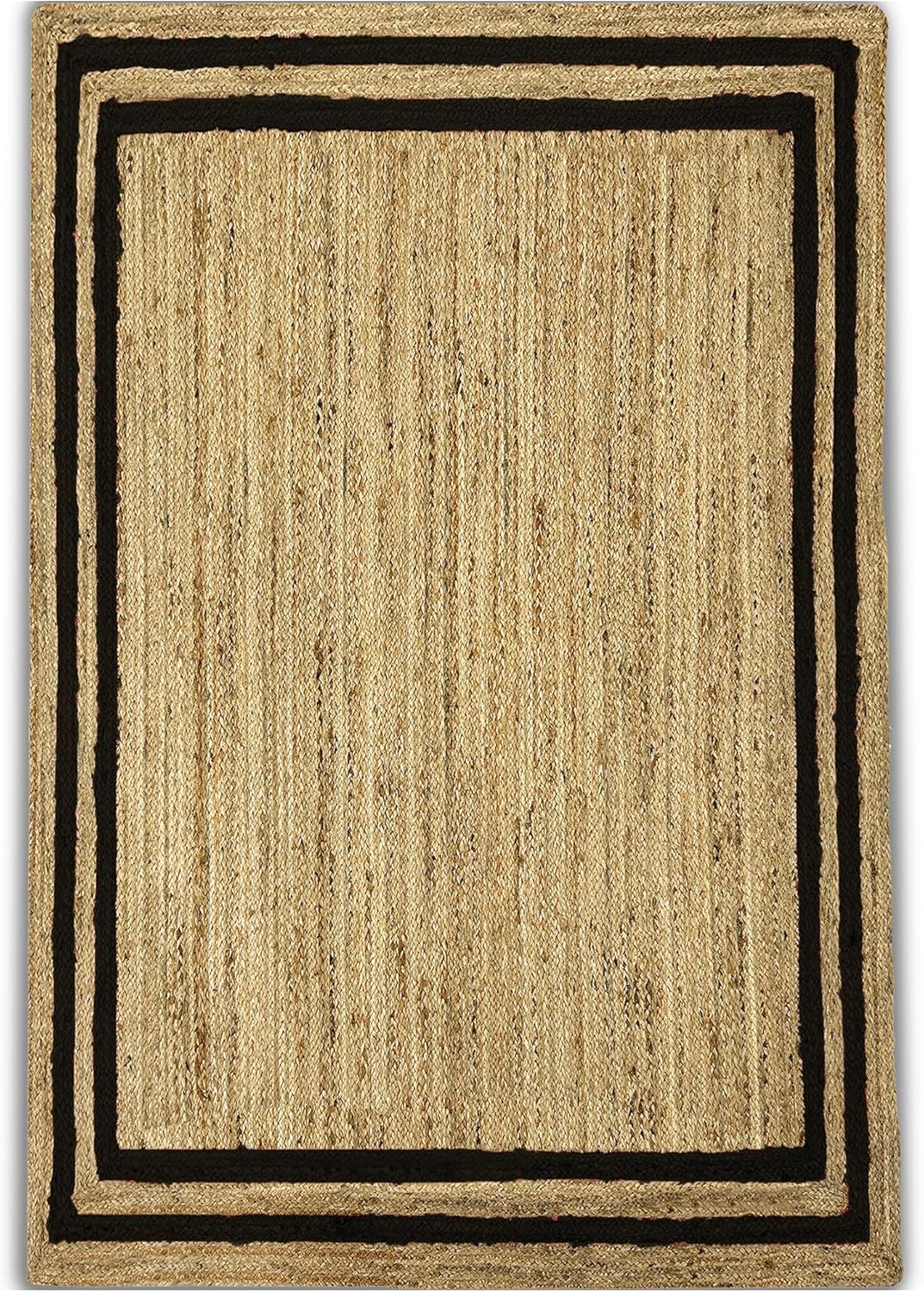 Natural Jute Area Rug with a black border, ideal for living room or entryway as a floor carpet.