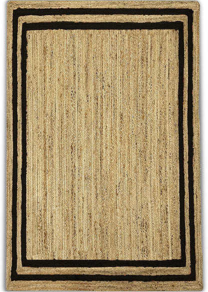 Natural Jute Area Rug with a black border, ideal for living room or entryway as a floor carpet.