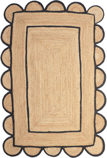 Handmade Natural Black Scalloped Jute Rug Rectangle Braided Area Rug Farmhouse Boho Living Room Bedroom Entryway Rug
