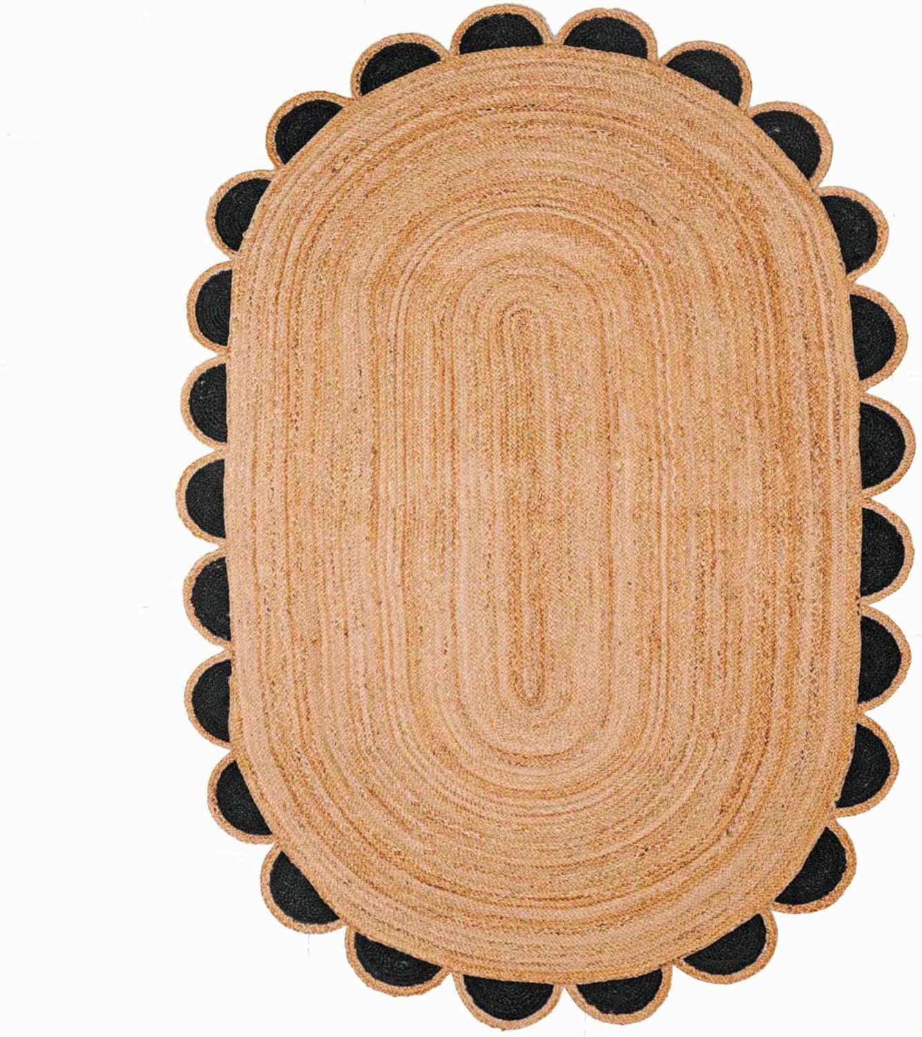 Oval braided rug in natural jute with black scalloped edges, perfect for home decor.