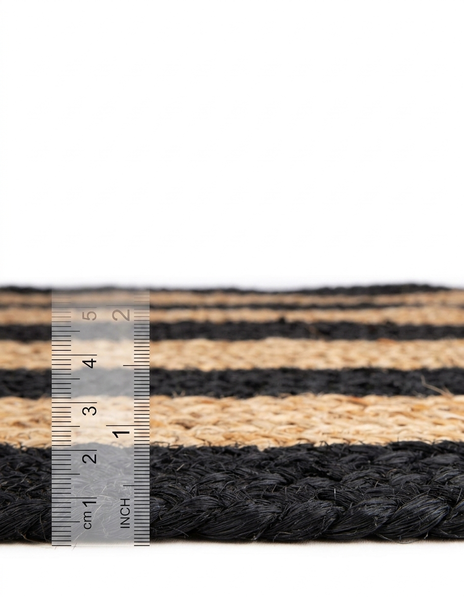 Natural Jute Area Rug floor carpet with black and beige flatwoven texture beside a ruler