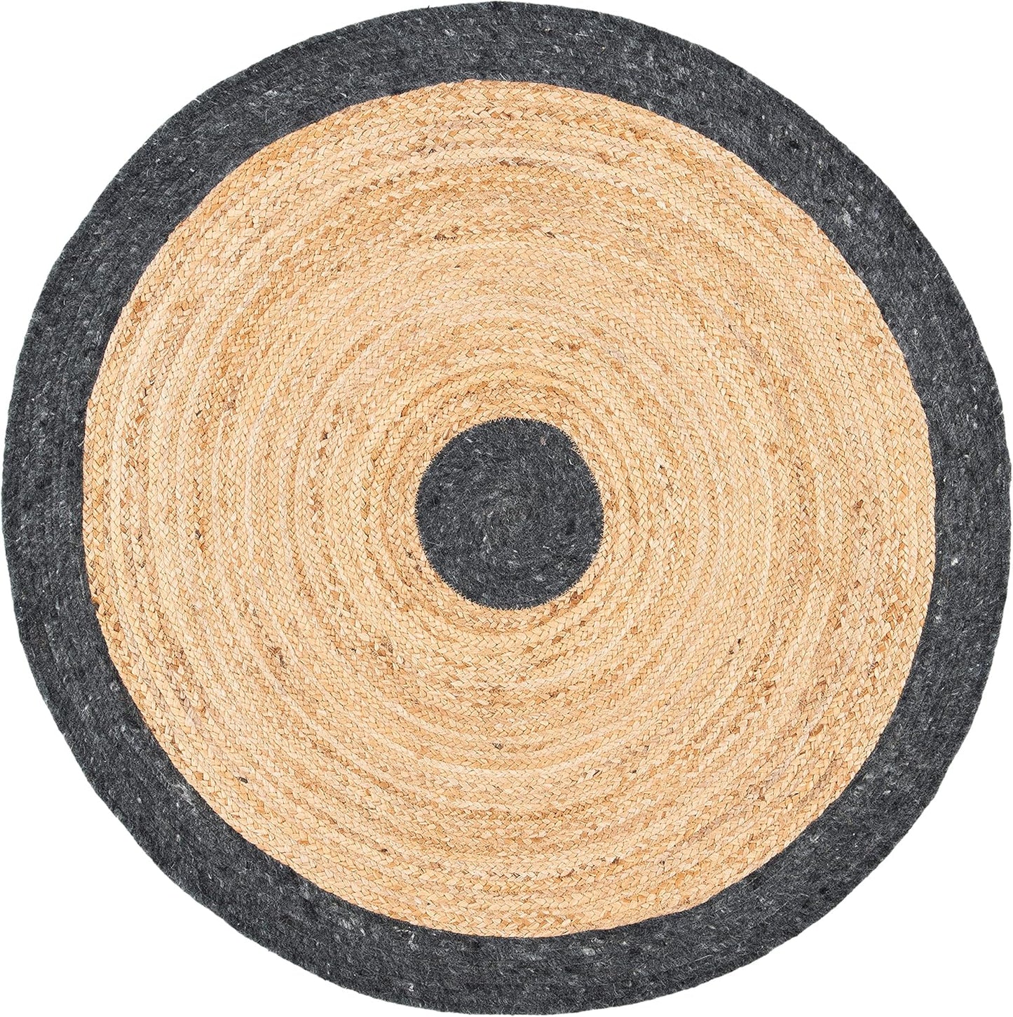Round jute rug featuring natural beige and dark gray tones, perfect for adding warmth to any room.