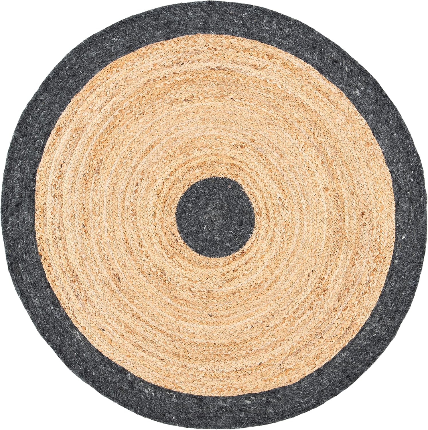 Round jute rug featuring natural beige and dark gray tones, perfect for adding warmth to any room.