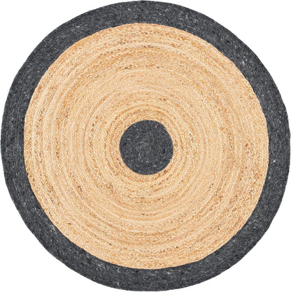 Round jute rug featuring natural beige and dark gray tones, perfect for adding warmth to any room.