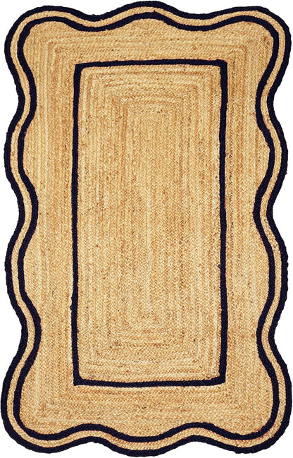 Natural Jute Area Rug with scalloped edges in a neutral color, perfect for entryways or living rooms.