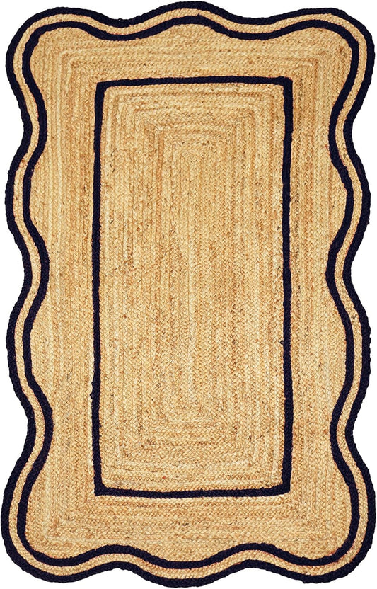 Natural Jute Area Rug with scalloped edges in a neutral color, perfect for entryways or living rooms.