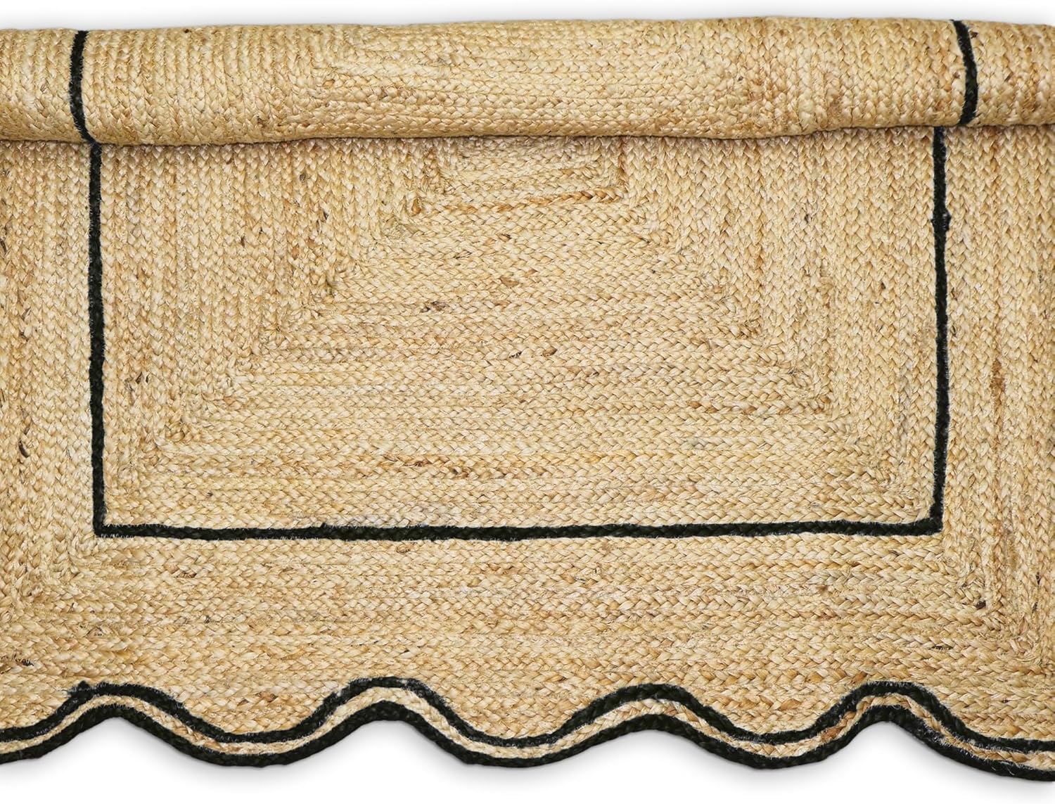 Natural Jute Area Rug with scalloped edges and black trim, suitable for indoor or outdoor use.
