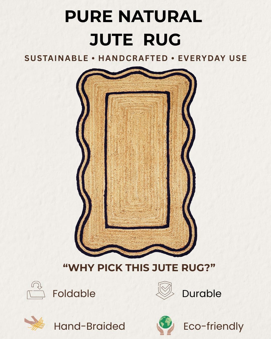 Handmade Natural Jute Area Rug with a scalloped design and eco-friendly materials, suitable for everyday use.