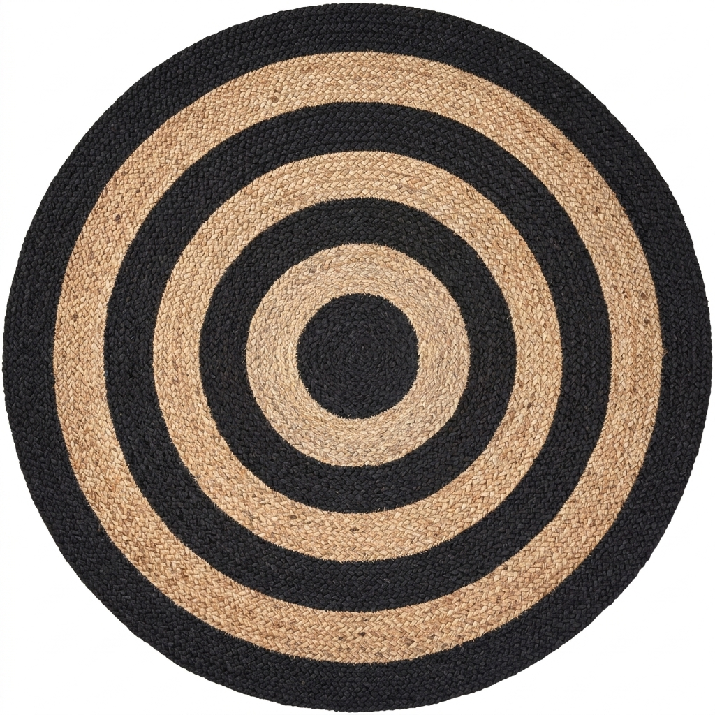 Black Jute Rug Round Rug with beige and black concentric circles, natural fiber texture