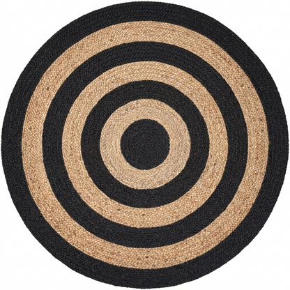 Black Jute Rug Round Rug with beige and black concentric circles, natural fiber texture