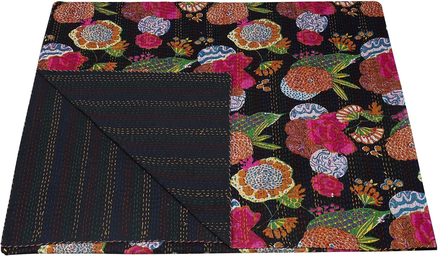Floral-patterned fabric with a black border on a white background