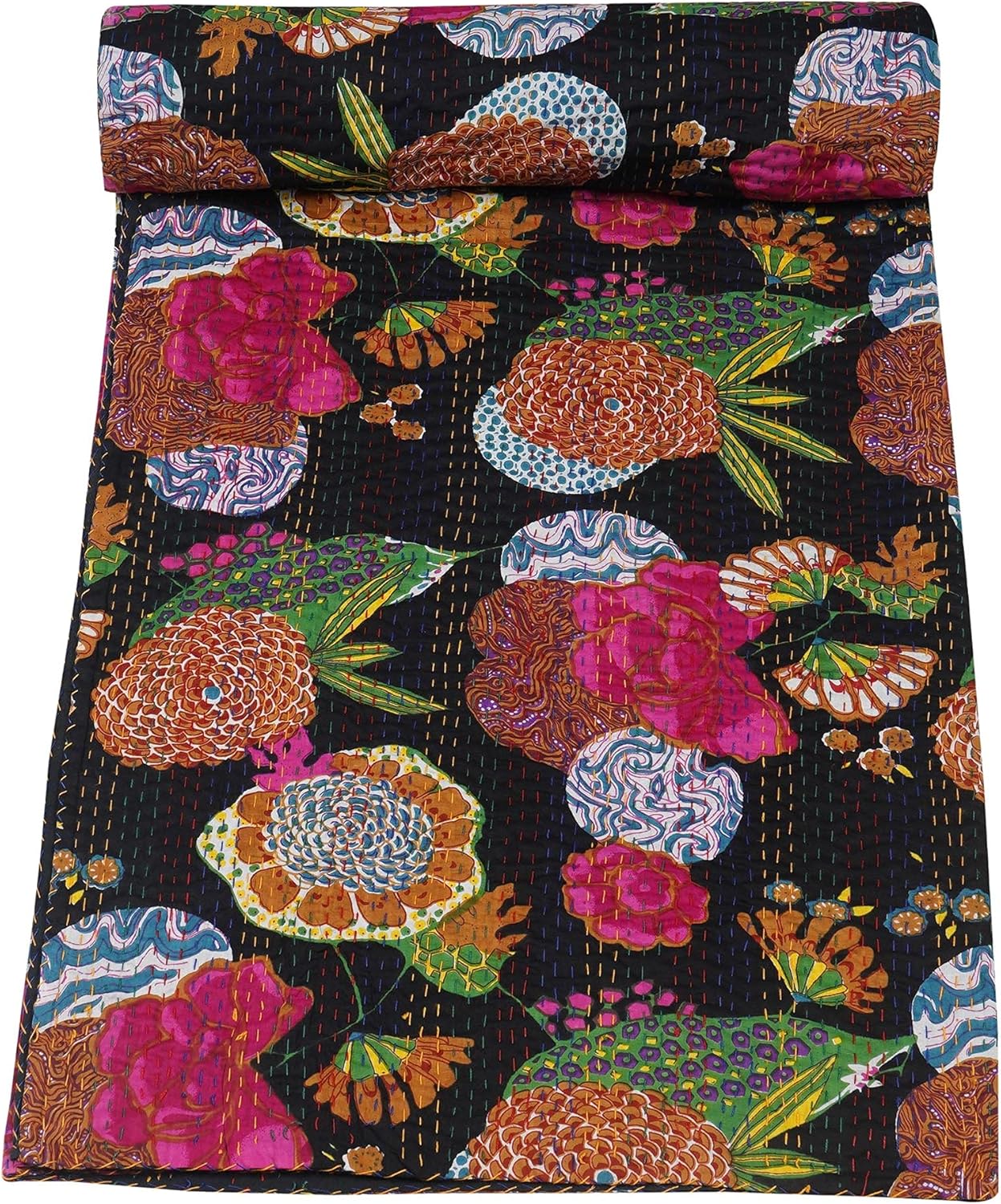 Floral-patterned fabric with vibrant colors on a black background