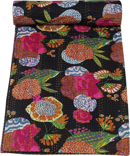 Floral-patterned fabric with vibrant colors on a black background