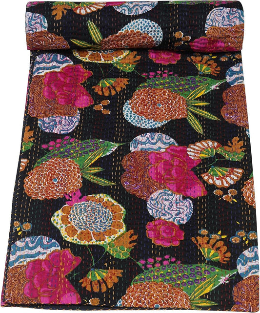 Floral-patterned fabric with vibrant colors on a black background