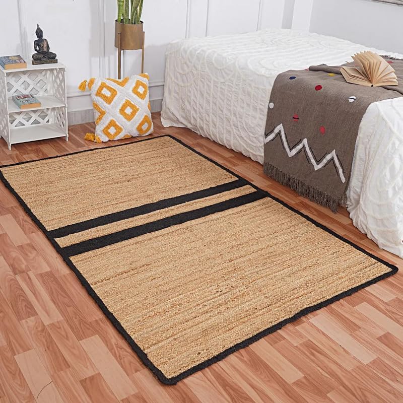 Natural Jute Area Rug floor carpet rectangular jute with black border on bedroom hardwood floor