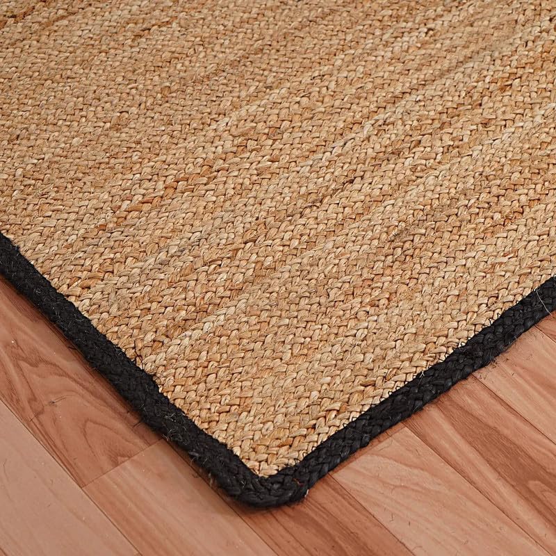 Natural Jute Area Rug floor carpet rug natural jute with black braided edge on wood floor