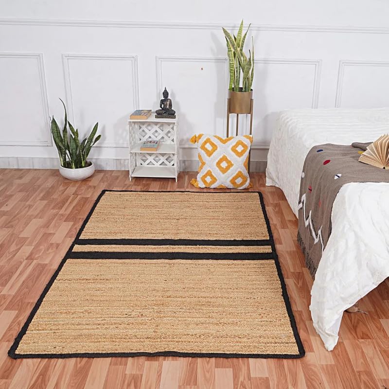 handmade Jute Runner natural jute Floor Carpet with black border in bedroom walkway