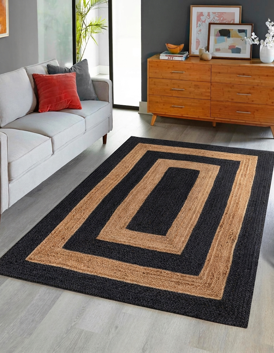 Black Jute Rug area rug with geometric square pattern in black and natural jute fibers